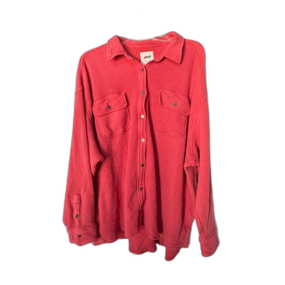 Aerie LumberJane Waffle Knit Oversized Shacket Button Up Shirt Coral Red Size L
